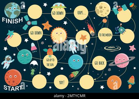 Jeu de société pour enfants. Jeu de société éducatif de voyage cosmique. Puzzle avec planètes, soleil, terre, ovni, extraterrestre, fusée, étoiles Illustration de Vecteur