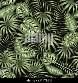 Motif vectoriel sans couture du feuillage tropique sur fond noir. L'été ou le printemps répétition rétro toile de fond tropicale avec monstère, dieffenbachia, palmier tr Illustration de Vecteur