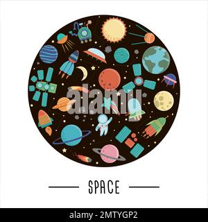 Ensemble vectoriel d'éléments de l'espace extérieur mignon avec vaisseau spatial, planètes, étoiles, ovni pour enfants encadré en cercle. Illustration de Vecteur
