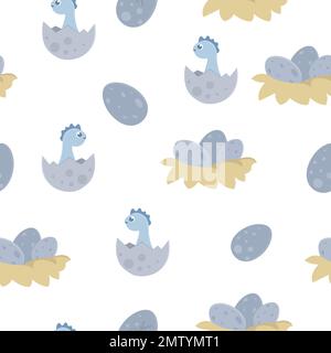 Motif dinosaure vectoriel sans coutures pour enfants. Dino fond de dessin animé plat avec des petits dinos dans les nids, et des oeufs. Illustration de reptiles préhistoriques mignons Illustration de Vecteur