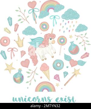 Ensemble vectoriel de licorne, arc-en-ciel, nuages, beignets, couronne, cristaux, coeurs. Jolie petite illustration encadrée en cercle. Conte de fées Illustration de Vecteur