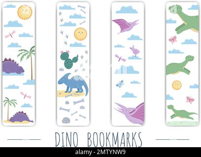 Ensemble vectoriel de jolis signets avec de jolis dinosaures colorés. Modèles de papeterie verticaux doux pour enfants. Illustration de reptiles préhistoriques drôles f Illustration de Vecteur