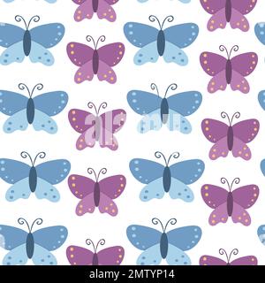 Motif vectoriel sans couture pour les enfants. Fond de dessin animé plat avec papillons. Jolie illustration bleue et violette. Illustration de Vecteur