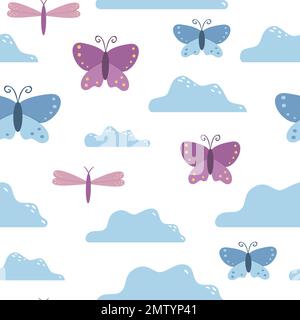 Motif vectoriel sans couture pour les enfants. Fond de dessin animé plat avec papillons, nuages, libellules. Jolie illustration bleue et rose Illustration de Vecteur