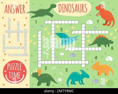 Mot-clé de dinosaure vectoriel. Quiz lumineux et coloré pour les enfants. Activité de puzzle avec Pterodactyl, Stegosaurus, Tyrannosaurus, Parasaurolophus, Trice Illustration de Vecteur