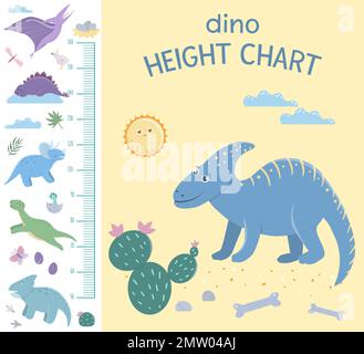 Graphique de la hauteur des dinosaures vectoriels. Photo avec des éléments préhistoriques de dino pour les enfants. Échelle de mesure avec des reptiles mignons. Illustration de Vecteur
