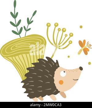 Motif vectoriel de hérisson plat dessiné à la main avec champignons et clip de libellule Scène d'automne amusante avec un animal pickly amusant. Mignon bois animaliste malade Illustration de Vecteur