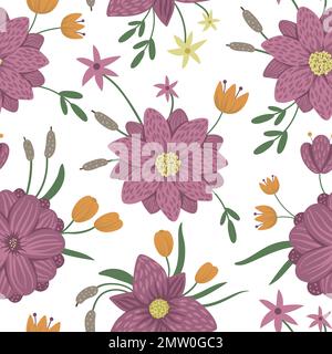 Fond sans couture à motif fleuri vectoriel. Illustration plate tendance avec fleurs, feuilles, branches, roseaux, nénuphars. Répétition du motif avec marais, bois Illustration de Vecteur