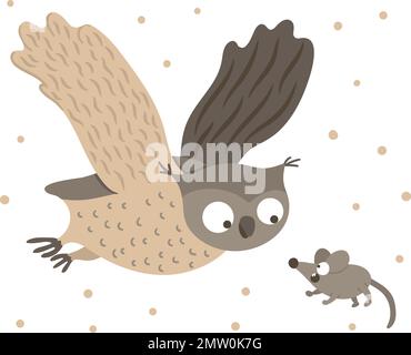 Hibou plat à dessin manuel vectoriel volant avec ailes étalées pour souris effrayée. Scène de chasse drôle avec oiseau de bois. Illustration animée de la forêt mignonne pour ch Illustration de Vecteur