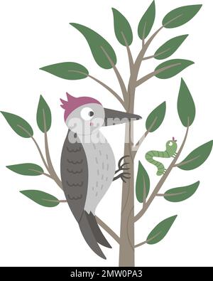 Vector fait main plate pic bois assis sur l'arbre et le pecking. Scène amusante avec oiseau de bois. Illustration ornithologique de la forêt mignonne pour le chil Illustration de Vecteur