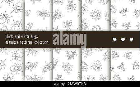 Collection de motifs vectoriels sans couture d'insectes noirs et blancs. Jeu de fonds répétés avec araignée monochrome isolée, libellule, mouche, papillon, Illustration de Vecteur