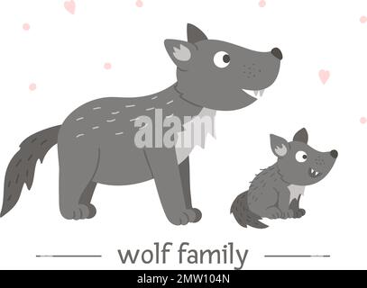 Vecteur bébé loup plat dessiné à la main avec parent. Drôle de scène d'animaux de bois montrant l'amour de famille. Illustration animée de la forêt mignonne pour les des enfants Illustration de Vecteur