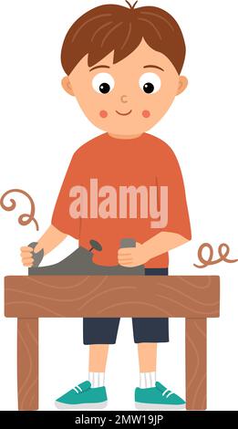 Garçon de travail Vector. Plat drôle de personnage d'enfant travaillant bois avec avion. Illustration de la leçon d'artisanat. Concept d'un enfant apprendre à travailler avec des outils. P Illustration de Vecteur