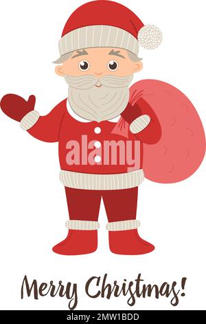 Le Père Noël Vector agite sa main avec un sac rouge. Jolie illustration hiver Père Frost isolée sur fond blanc. Personnage de style plat amusant pour C Illustration de Vecteur