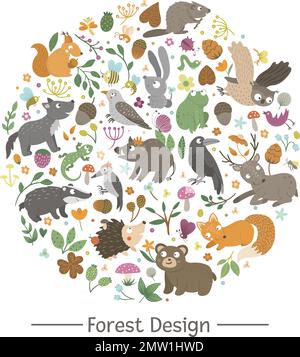 Cadre rond vectoriel avec animaux et éléments forestiers sur fond noir. Bannière à thème naturel encadrée de cercle. Modèle de carte de bois mignon et drôle. Illustration de Vecteur