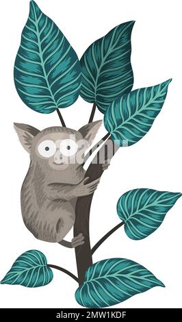 Vecteur plus présent sur un arbre avec des feuilles isolées sur fond blanc. Illustration d'animaux tropicaux. Petit singe exotique mignon dessiné à la main. Realisti lumineux Illustration de Vecteur