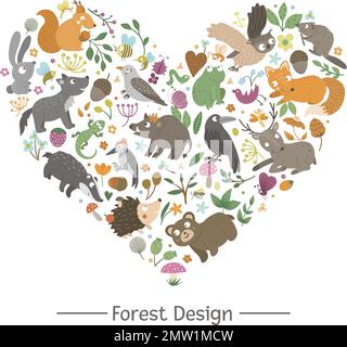 Cadre vectoriel avec animaux et éléments forestiers sur fond noir. Bannière à thème naturel encadrée en forme de coeur. Modèle de carte de bois mignon et drôle. Illustration de Vecteur