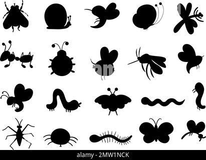 Ensemble de silhouettes vectorielles d'insectes plats dessinées à la main. Collection de bugs amusants. Illustration de la forêt mignonne avec des papillons, des abeilles, des chenilles pour enfants Illustration de Vecteur