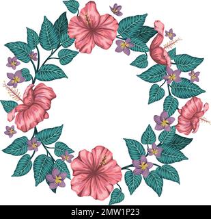 Couronne vectorielle de feuilles tropicales vertes avec fleurs de plumeria et d'hibiscus encadrées en cercle sur fond blanc. Arrière-plan tropical d'été ou de printemps. Illustration de Vecteur