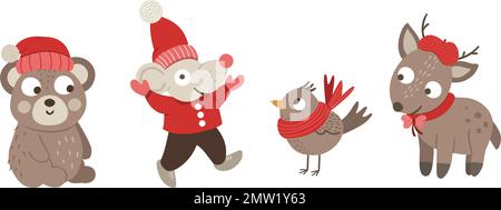 Ensemble de personnages vectoriels de Noël ou d'hiver. Animaux d'hiver mignons en chapeaux rouges, foulards, vestes isolées sur fond blanc. Style plat amusant nouvel an Illustration de Vecteur