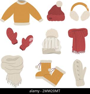 Ensemble de vêtements d'hiver. Collection d'articles vestimentaires vectoriels pour temps froid. Illustration plate d'un pull chaud tricoté, de chapeaux, de gants, de foulards, de bottes. Illustration de Vecteur