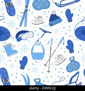 Motif vectoriel sans coutures avec objets pour l'hiver actif. Arrière-plan équipement de sport de saison froide. Texture avec des articles pour passer des vacances en montagne Illustration de Vecteur