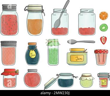 Ensemble vectoriel de pots de confiture en verre de couleur isolés sur fond blanc. Collection colorée d'aliments conservés dans des pots de fruits et de baies Illustration de Vecteur