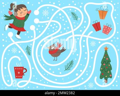Labyrinthe d'hiver pour les enfants. Activité de Noël préscolaire. Jeu de puzzle nouvel an avec patinage fille, cadeaux, oiseau, mug. Aider la fille à obtenir la Christma Illustration de Vecteur