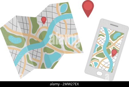 Illustration vectorielle plate d'un téléphone portable avec carte et panneau de localisation. Smartphone plat tendance et icône de guide de voyage. Objet de déplacement isolé o Illustration de Vecteur