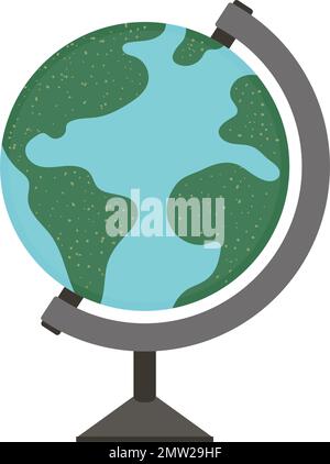Illustration vectorielle plate d'un globe sur un support. Modèle de carte de la sphère mondiale isolé sur fond blanc. Élément graphique vacances ou école. Illustration de Vecteur