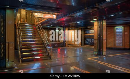 Terrasse intérieure de la station spatiale futuriste de science-fiction ou navire avec des escaliers éclairés menant à la terrasse supérieure. 3D rendu. Banque D'Images