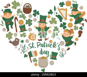 Cadre de la journée Vector Saint Patrick avec leprechaun, shamrock isolé sur fond blanc. Bannière ou invitation à thème de vacances irlandaises encadrée en cœur sha Illustration de Vecteur