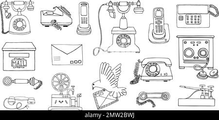 Scénario vintage moyen de communication ligne jeu de dessin. Collection rétro noir et blanc de téléphone filaire à cadran rotatif, radio téléphone, télégraphe, séci Illustration de Vecteur