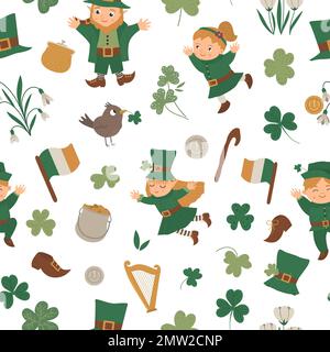 Motif vectoriel sans couture avec symboles du jour de la Saint Patrick. Fête nationale irlandaise en arrière-plan. Jolie texture plate de lepretchun. Illustration de Vecteur