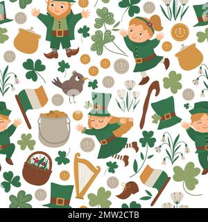 Motif vectoriel sans couture avec symboles du jour de la Saint Patrick. Fête nationale irlandaise en arrière-plan. Jolie texture plate de lepretchun. Illustration de Vecteur