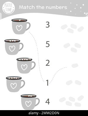 Jeu assorti avec des tasses de cacao et guimauve. Activité mathématique d'hiver pour les enfants d'âge préscolaire. Feuille de comptage de Noël. Une énigme éducative avec mignon Illustration de Vecteur