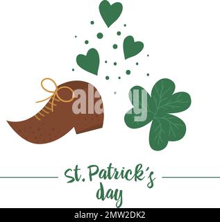 Vector Flat drôle de chaussure marron leprechun avec des feuilles de shamrock et des coeurs verts. Saint-Jean mignon Illustration de la journée de Patrick. L'icône de vacances nationales irlandaises isol Illustration de Vecteur