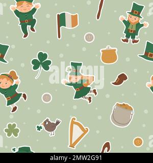 Motif vectoriel sans couture avec autocollants Saint Patrick's Day. National irlandais. Jolie texture plate amusante avec des symboles de vacances. Illustration de Vecteur