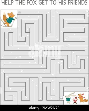 Labyrinthe d'hiver pour les enfants. Activité de Noël préscolaire. Jeu de puzzle de la nouvelle année avec les animaux. Aider le renard à obtenir à ses amis. Illustration de Vecteur