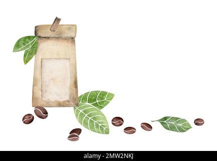 Composition aquarelle dessinée à la main avec du papier à café et des sacs de jute, des haricots, des feuilles, des épices à la cannelle. Isolé sur fond blanc. Pour les invitations, café Banque D'Images