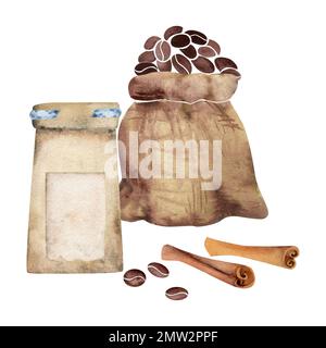 Composition aquarelle dessinée à la main avec du papier à café et des sacs de jute, des haricots, des feuilles, des épices à la cannelle. Isolé sur fond blanc. Pour les invitations, café Banque D'Images
