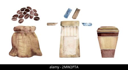 Ensemble d'objets dessinés à la main aquarelle. Tasse à café en papier avec couvercle, sac, jute, haricots rôtis. Isolé sur fond blanc. Pour les invitations, café Banque D'Images