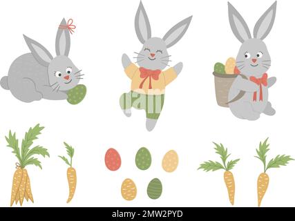 Ensemble vectoriel de lapins de Pâques mignons et drôles avec des œufs et des carottes de couleur. Printemps illustration drôle. Collection d'éléments de design pour les fêtes chrétiennes Illustration de Vecteur