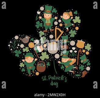 Cadre Vector Saint Patrick Day avec leprechaun, shamrock sur fond noir. Banderole ou invitation à thème de vacances irlandaises encadrée en forme de trèfle. Mignon f Illustration de Vecteur