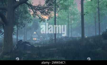 Maison de sorcière sinistre dans un bois sombre et brumeux. Halloween concept 3D rendu. Banque D'Images
