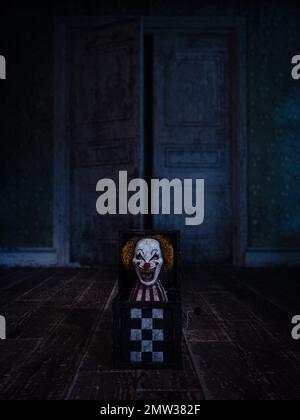 Clown maléfique dans une boîte hantée jouet sur le sol dans la maison vide abandonnée. Halloween horreur Story concept 3D rendu. Banque D'Images