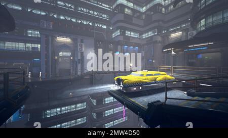 Un cyberpunk jaune futuriste en taxi qui attend les passants dans une ville dystopienne pour une nuit brumeuse. 3D illustration. Banque D'Images