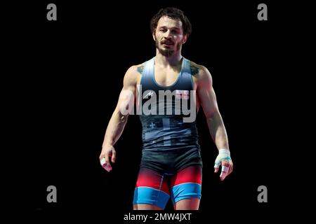 ZAGREB, CROATIE – FÉVRIER 01: Beka Bujiashvili, de Géorgie, est vu pendant son style libre masculin 57 kg poids Wrestling 2023 série de classement médaille de bronze contre l'Islam Bazarganov, d'Azerbaïdjan, à la salle de sport Dom Sportova sur 1 février 2023 à Zagreb, Croatie. Photo: Igor Kralj/PIXSELL Banque D'Images