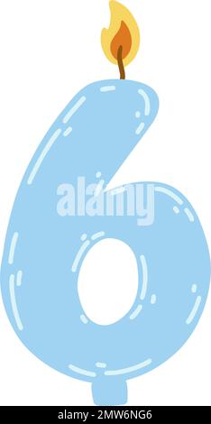 Bougie numéro six de style plat. Illustration vectorielle dessinée à la main d'une bougie à 6 symboles, élément design pour les gâteaux d'anniversaire. Illustration de Vecteur