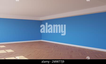 Coin de la chambre ensoleillée avec murs bleus, un plafond blanc et Cornice, parquet brillant à chevrons, et un Plinth blanc. Concept intérieur non meublé. 3D illustration, Ultra HD 8K, 7680x4320 Banque D'Images